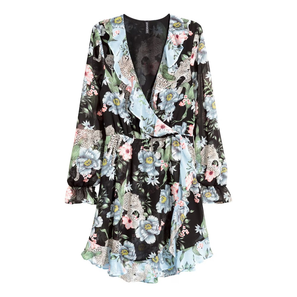 H&M Divided Wrap Dress Women's 10 Floral Ruffle Chiffon V-Neck Bell Cuff Sleeve
